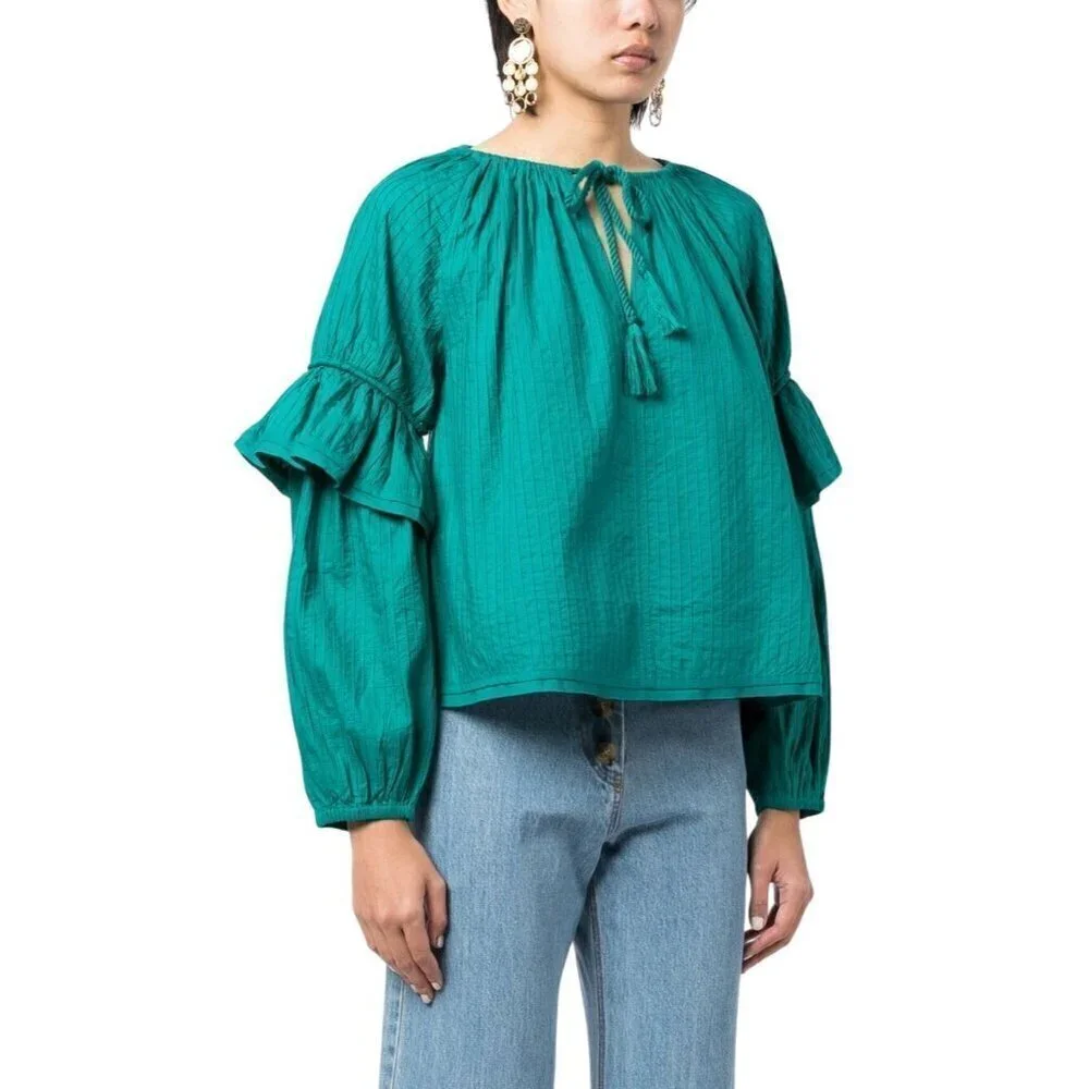 Ulla Johnson Concetta Cotton Blouse, Size 2, Color Verdigris, puff sleeves, NWT